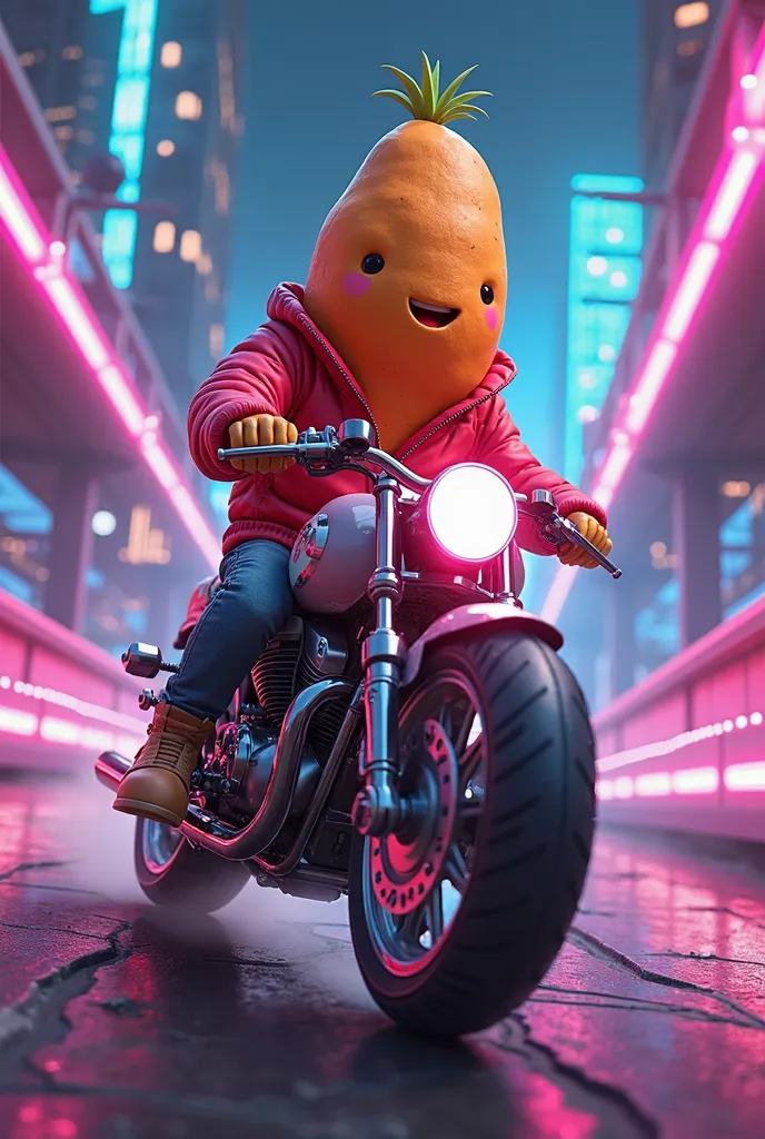 a sweet potato synthwave background riding a motorcycle
