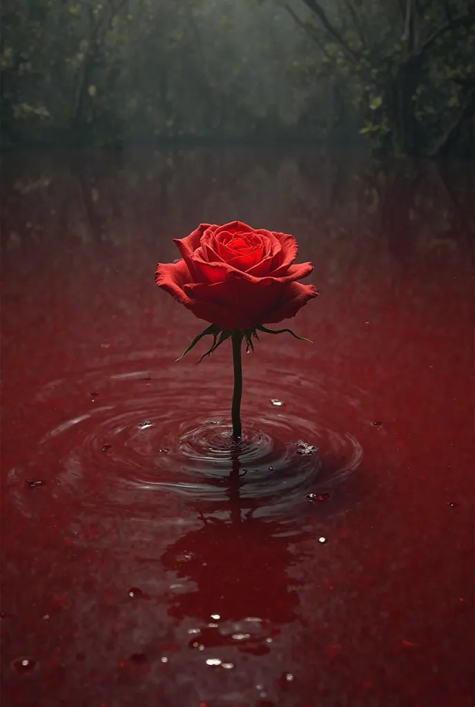 A closed red rose in a big lake of blood