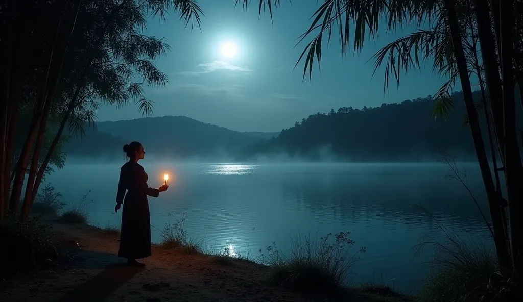 "A chilling midnight scene under a bright full moon in Wa Si Village. The large lake glimmers with silvery light, its surface still and mirror-like, surrounded by dense bamboo groves shrouded in creeping mist. Ma Myat San, dressed in a dark htamein, sneaks...