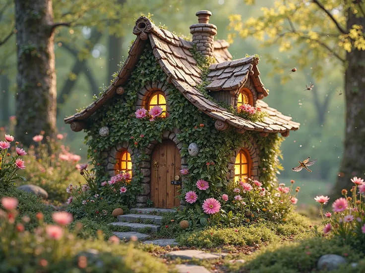 fairy cozy little house of a forest fairy in the forest thicket, early spring, blossoming incredible beauty flowers around in the clearing near the house, the house is wrapped in curly plants and flowers, around fly little shimmering creatures that spray m...