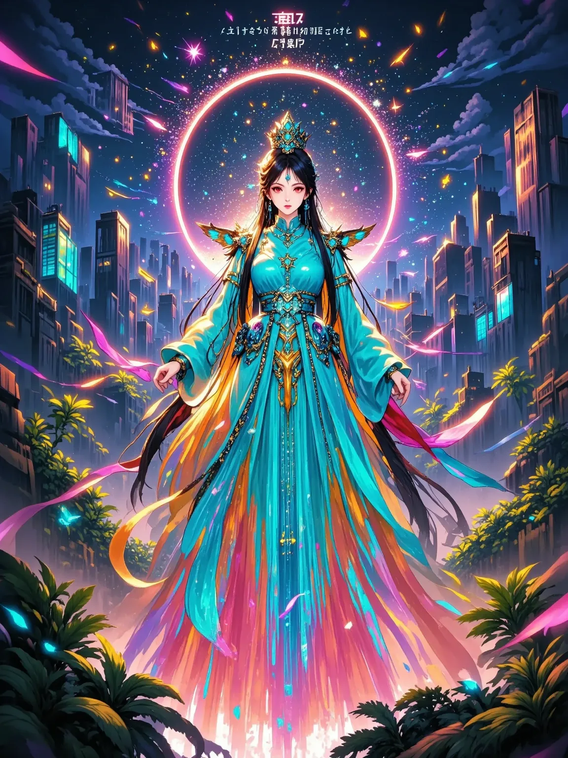 (masterpiece, best quality:1.2),  1girl , Moonlight shines through the emerald-colored tree canopy over the Sky Kingdom formed by a group of suspended islands，The sails of a translucent energy storage film made of dragon wings，magic runes in the shape of a...