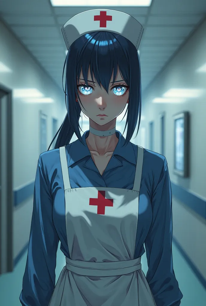 a young woman of 18 years old with very dark blue hair her hair is tied in a tail around her neck, big glowing dark eyes, white skin,   slapped nose,  with a frown,  intense look, she wears transparent heart-type lenses, she wears a blue nurse's uniform wi...