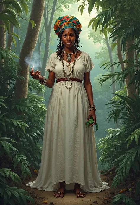 The image shows an Afro-Venezuelan woman of whole body slightly gained weight, dressed like a historical slave, in a jungle environment. She wears a long and loose white cotton dress, slightly worn but elegant, with puffed sleeves and a flowing skirt. Her ...