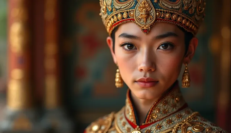 A close-up portrait of a young prince with striking, expressive eyes reminiscent of a rare Indian bird. His delicate features and royal attire reflect both beauty and nobility, set against a backdrop of traditional Thai motifs.