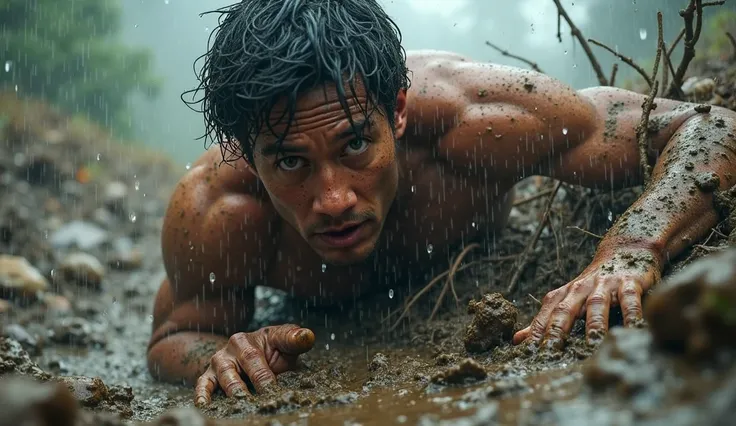 Dramatic scene of Ethan sliding down a rain-soaked, muddy slope, rocks and branches crashing around him. His face shows both shock and focus, hands clawing at the mud to slow his fall. Torrential rain blurs the background. Photorealistic action shot, 16K.