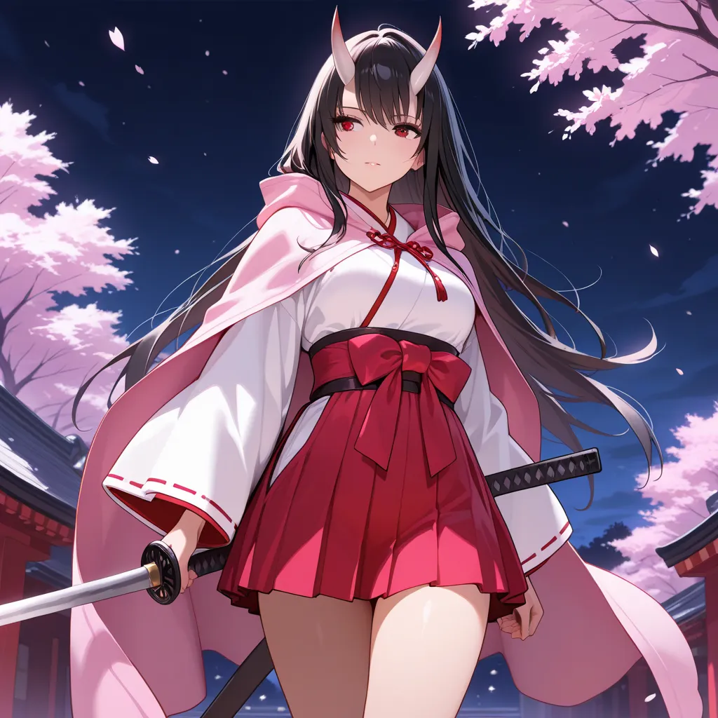 masterpiece,best quality,Very accurate,woman,Japanese white clothing,lady-swordsman,(one katana),black long hair,(sakura),Red mini-skirt,pink cloak,horns of a ogre,brilliant,night,long-sleeved kimono,