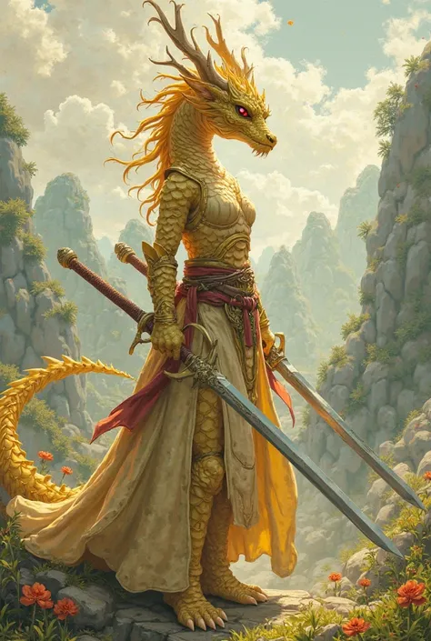 DnD, gold dragonborn, fighter, female, ghibli style, longsord samourai master