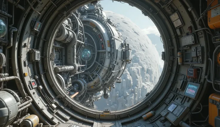 ( interior of a spaceship. The spaceship is dark,  with an intricate design , devices and wiring in its walls. It has a window that shows the Earth full of no life. It's dusty and its sky is gray.
