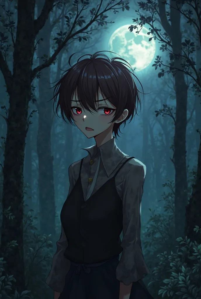 Make an anime of a brown-haired vampire man,  white skin, Red Eyes, His body is thin and thin... He has a neutral but passionate expression. He's in the woods at night.