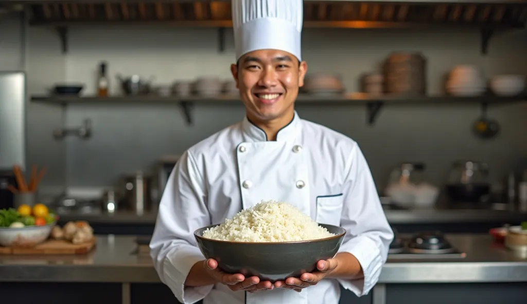 Thai male chef standing holding a large bowl of white rice, smiling slightly, full body shot