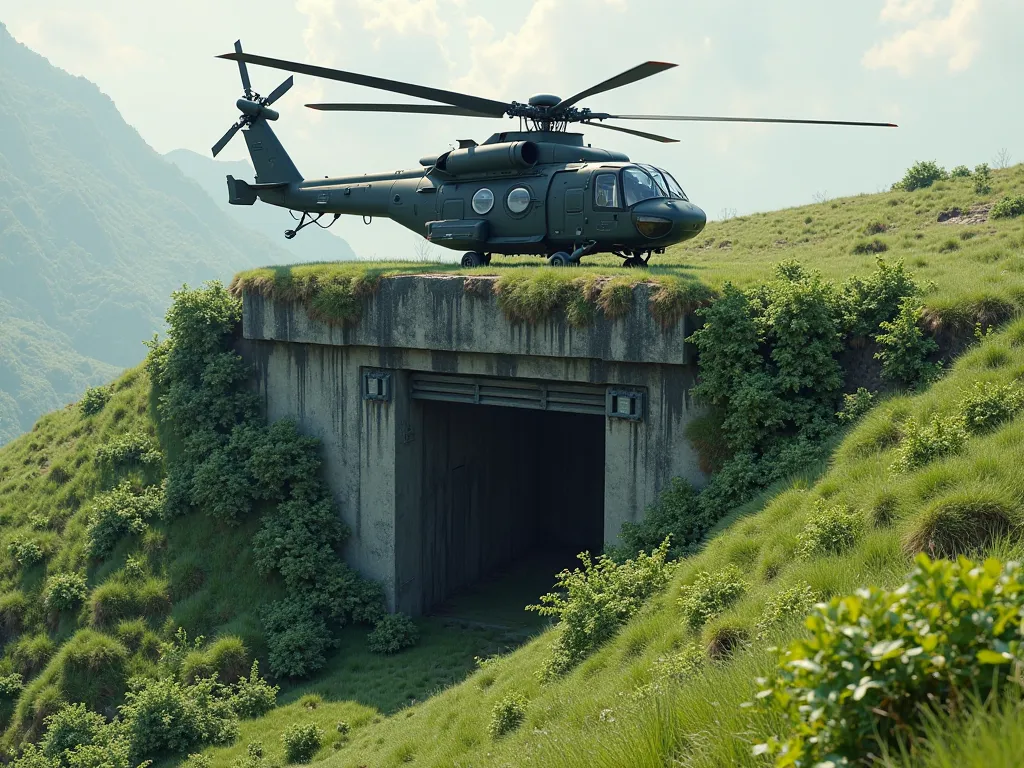 A helicopter on the roof of a hidden bunker A helicopter right on the green slope