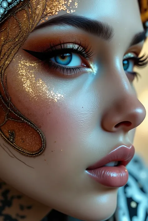 "Create an award-winning masterpiece for Vogue Fashion magazine featuring the up-close half face of a woman. The style is detailed comic book art with layered lines. Her makeup is metallic bronze and sky-blue. The image is dense with patterned imagery and ...