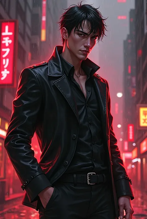 "Create a Procreate-style digital painting of a male protagonist in a sleek black tactical suit, standing in a confident and intense pose. He has black eyes and slightly tousled hair, with a serious and mysterious expression. The background should be a fut...