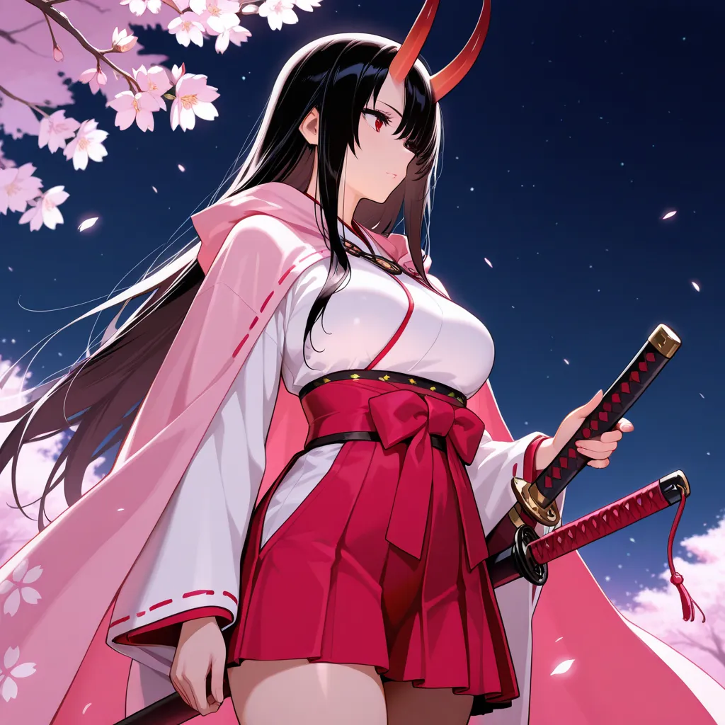 masterpiece,best quality,Very accurate,woman,Japanese white clothing,lady-swordsman,(one katana),black long hair,(sakura),Red mini-skirt,pink cloak,red horns of a ogre,brilliant,night,long-sleeved kimono,