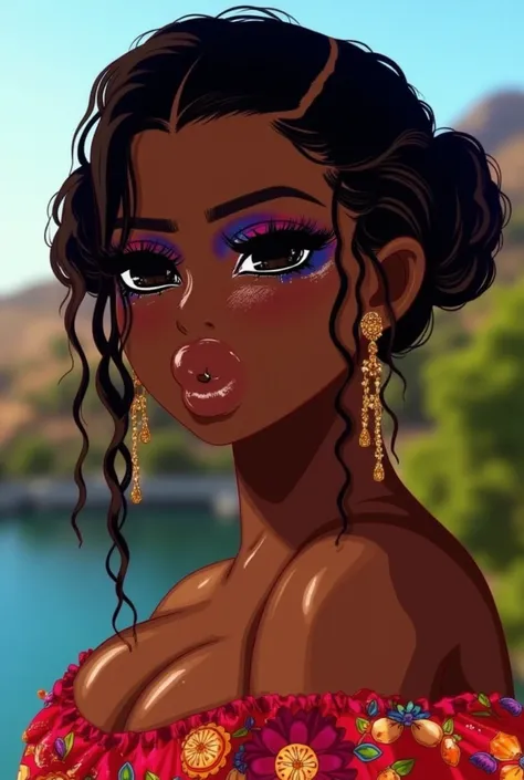 "Create an HD image of a dark-skinned woman with glowing skin and striking features. She wears artistic makeup with colorful accents and a vibrant outfit, set against a blurred, picturesque landscape."

