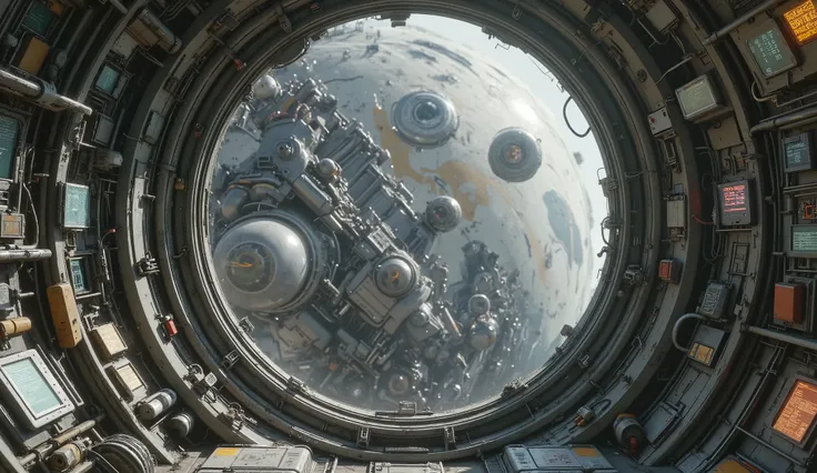 ( interior of a spaceship. The spaceship is dark,  with an intricate design , devices and wiring in its walls. It has a window that shows the Earth full of no life. It's dusty and its sky is gray.
