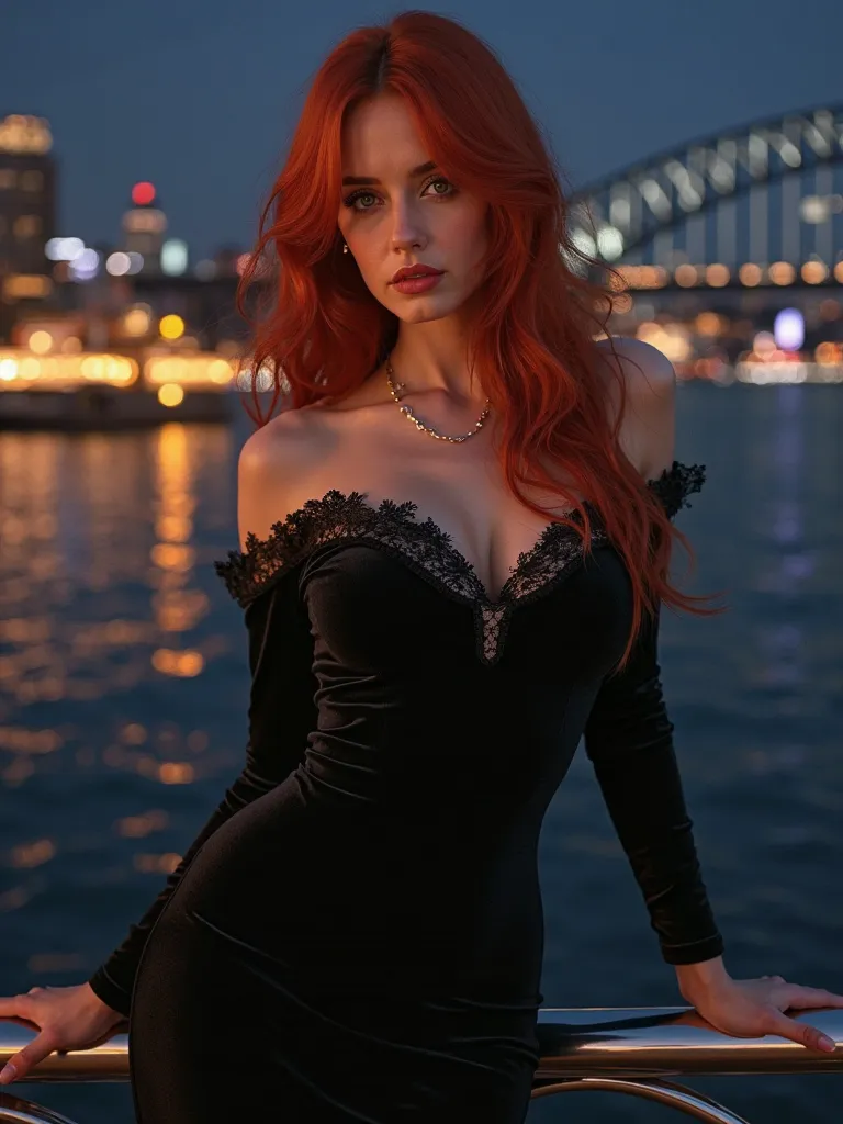 Women long Red hair curvy Figure formal long sleaves shoulderless Black velvet dress Sydeny Habour at night 