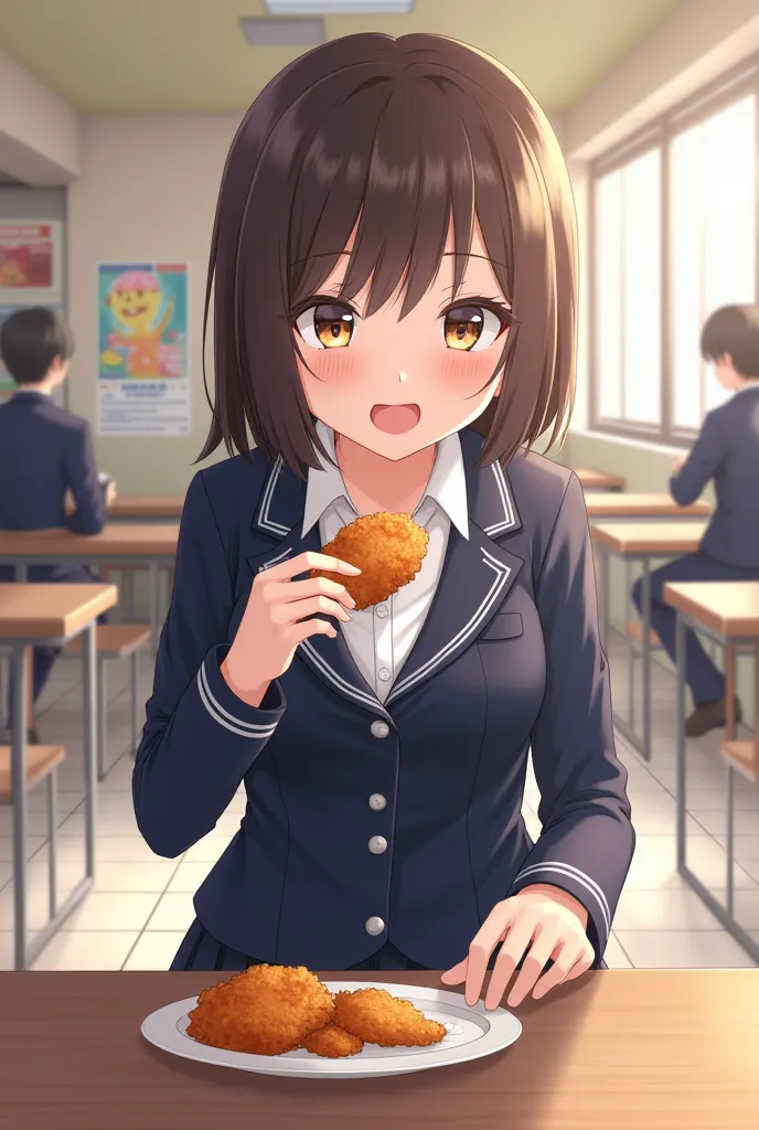 I need an image of ren in school clothes eating fried chicken