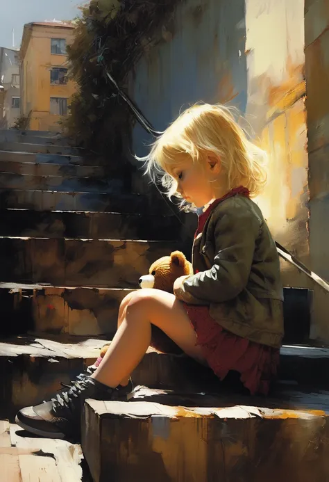 An adorable and sad little orphan girl with smooth blonde hair, holding a fuzzy teddy bear, sitting on the steps staring off into the city, waiting, urban city, rural urban, afternoon, insanely detailed matte painting with rough paint strokes and textures,...