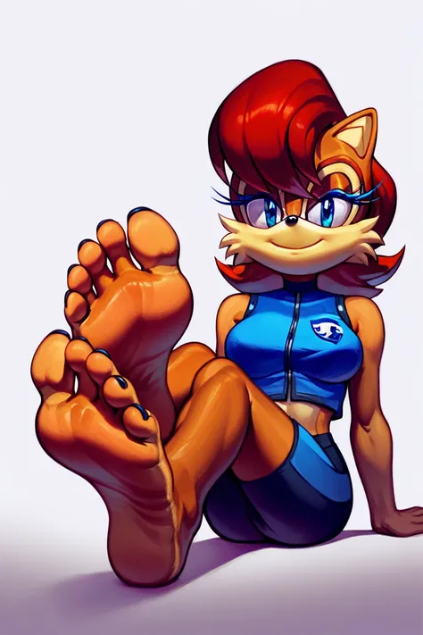 score_9, score_8_arriba, Sally Acorn, sonic, Alone , Alone,  dantegemini _ style,  focus on foot , barefoot, sitting on the floor with legs extended,  Dark-colored toenails,big Feet, toes, white background, masterpiece,  highres, having the soles of your f...