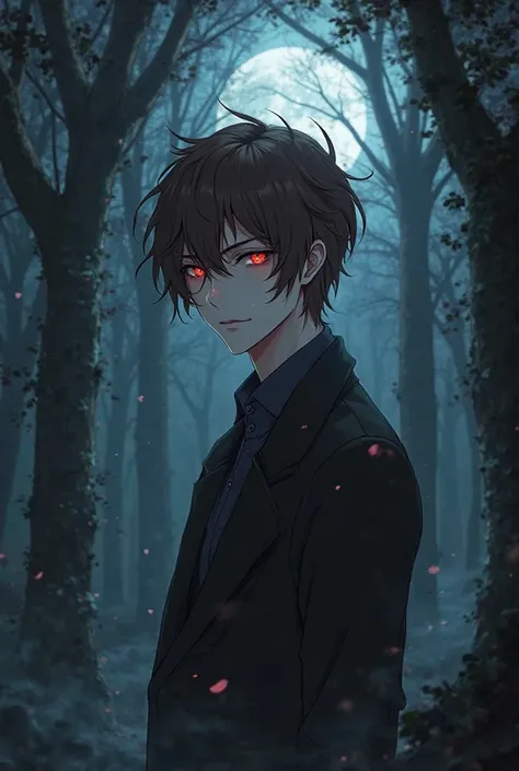 Make an anime of a brown-haired vampire man,  white skin, Red Eyes, His body is thin and thin... He has a neutral but passionate expression. He's in the woods at night.