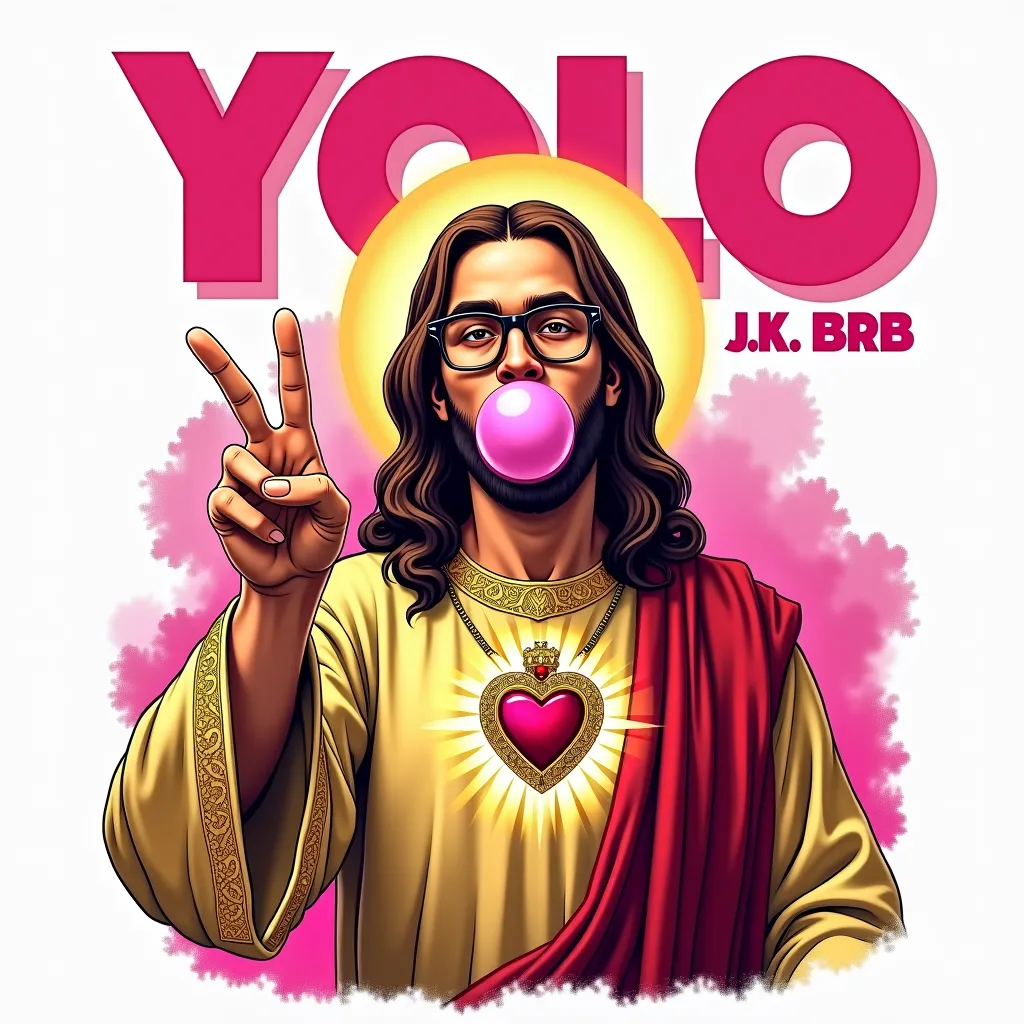 black background,modern,creative,playful,semi cartoon colorful pop art T-shirt design featuring of Jesus with long hair,wearing glasses, and blowing a pink bubblegum bubble.He dressed in a traditional golden robe with intricate embroidery,featuring a Sacre...