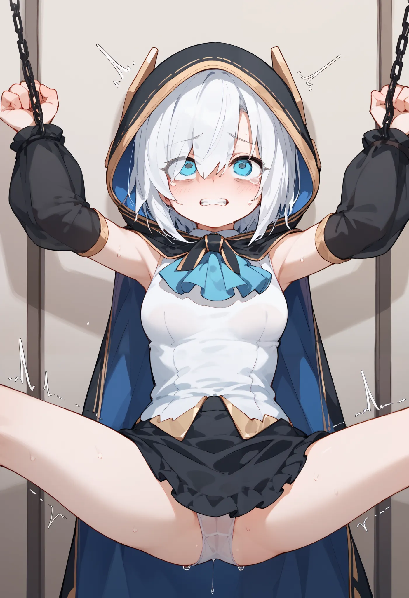 AA1, blue eyes, white hair, eyes visible through hair, short hair
hood, cape, shirt, white shirt, sleeveless shirt, ascot, puffy sleeves, see-through sleeves, detached sleeves, black sleeves, skirt, black skirt
large headnsfw, bare breasts,girl trembling w...