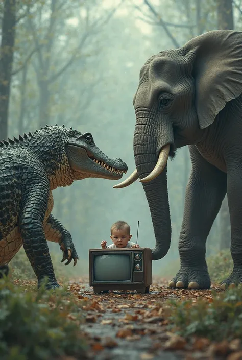 One crokodile and elephant and one babay fighting with tv