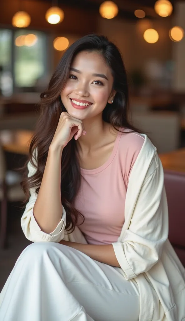 a beautiful  Indonesia  woman smiles,long hair ,with pink soft t-shirt,light white jacket,long white skirt ,sitting on the couch,fist position on chin ,face aside,turn to the camera,restaurant background bokeh