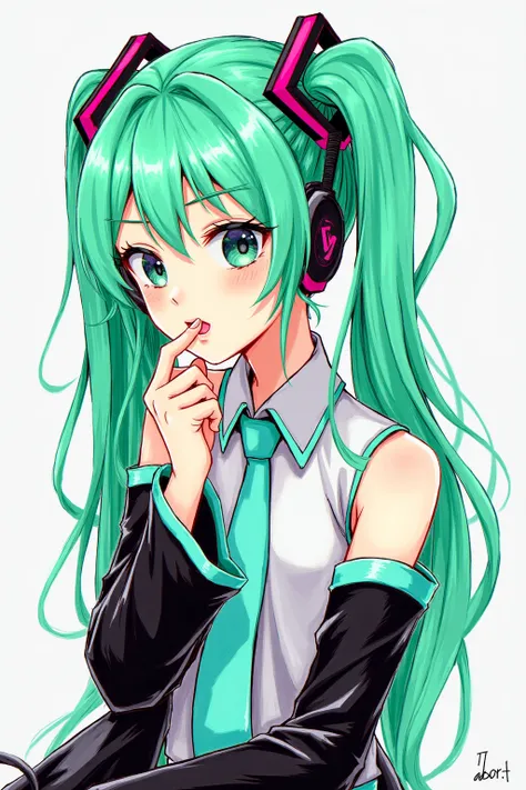 (has the best quality, sketch:1.2),practical,Illustrator ,cunning， Japanese cartoon ,1 girl,  Hatsune Miku ，detailed lips, hand，Off Shoulder， Neon long hair , high ponytail green ， masterpiece,  This style is retro, DJ