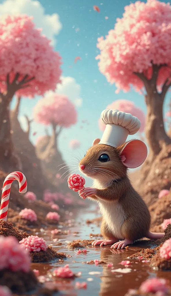 A beautiful chocolate world where trees are made of candy canes, rivers flow with chocolate, and cotton candy clouds float in the sky. A cheerful mouse wearing a tiny chef’s hat is handing out lollipops to smiling ren who are exploring this magical land.