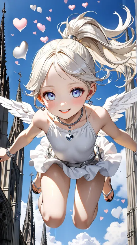 ((TOP QUALITY)), (( Masterpiece)), (details), high resolution,  super fine,8k,Realistic, delicate and sophisticated eyes,2.5D,Realistic, delicate and beautiful background,details naked glossy albino angel girl doll,(((14years old))),glossy steel hair, ((po...