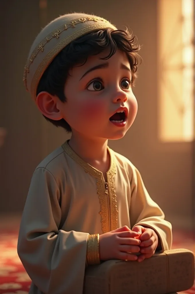 A  boy reciting a Na'at, wearing traditional Islamic attire. His face shows deep emotion and devotion, with his lips visibly moving as he recites. The background is softly lit with a spiritual ambiance, evoking a peaceful and reverent atmosphere."
