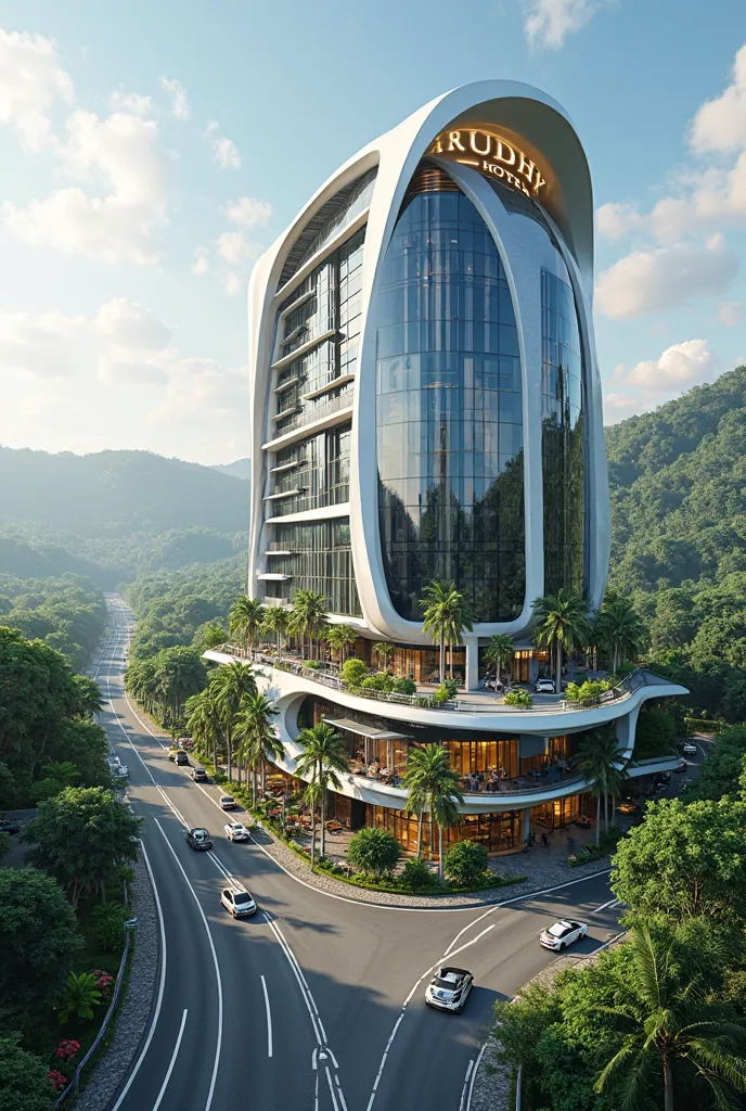 Created a Futuristic Luxury Building, glossy architecture, Futuristic variation tower, with the logo RUSDHY HOTEL, daytime, Futuristic rooftop design, plant and antique hut rooftop, ((Adjacent to the highway and lots of cars passing by)), ((highway interse...