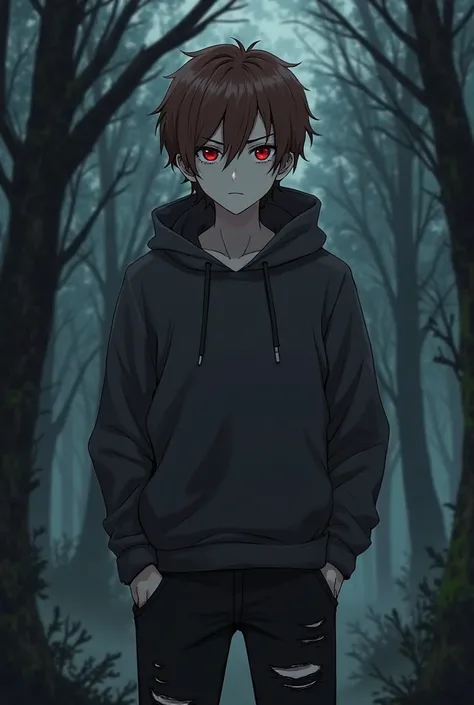 Make an anime of a brown-haired vampire man,  white skin, Red Eyes, His body is thin and thin... He has a neutral but passionate expression. He's out in the woods at night and wears a sweatshirt and ripped black pants.