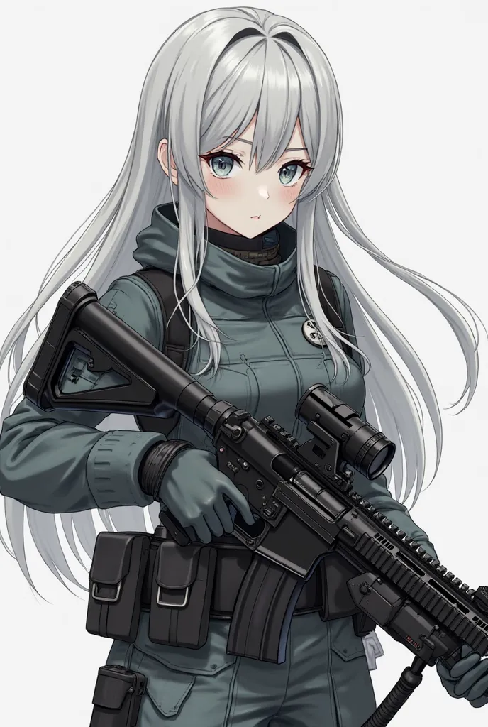 Cute Female ANIME tactical SWAT soldier girl monochrome with pale white skin and soft grey long hair with a LMG50