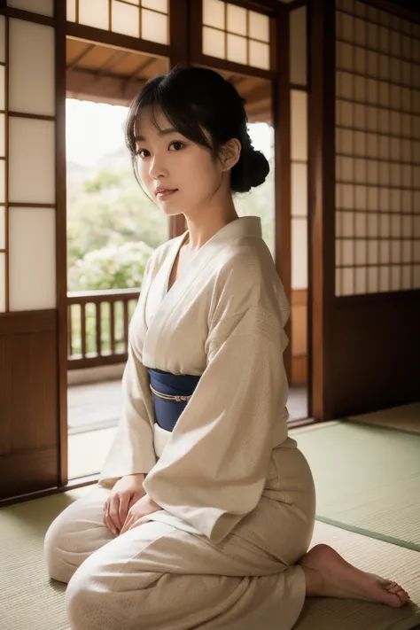 A beautiful Japanese woman standing gracefully in a traditional tatami room, wearing an elegant kimono. She faces forward, her posture serene. The front of her kimono is slightly open, delicately revealing a glimpse of her smooth, fair skin. The soft after...