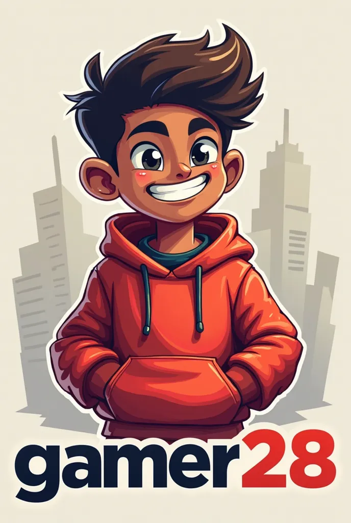 Create a logo mascot where the mascot is a brown gamer boy with a red sweatshirt and has the letters underneath "GAMER28"