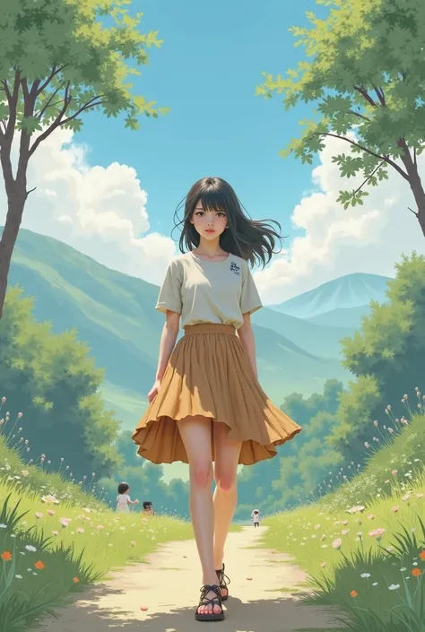 A girl wearing a short pleated skirt over the knee walks against the backdrop of beautiful tranquility The reality picture in behind them is the family waiting