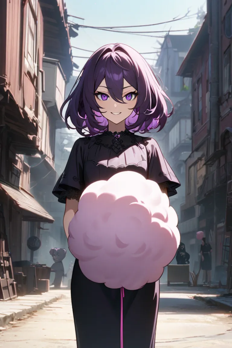 Create evil character named Manis Licik, a girl, short purple dark hair, purple eyes, dark dress, (she have pet a small bright pink alive pokemon monster creature resembling cotton candy with big dark purple eyes a mischievous grin), highquality, HD, cinem...