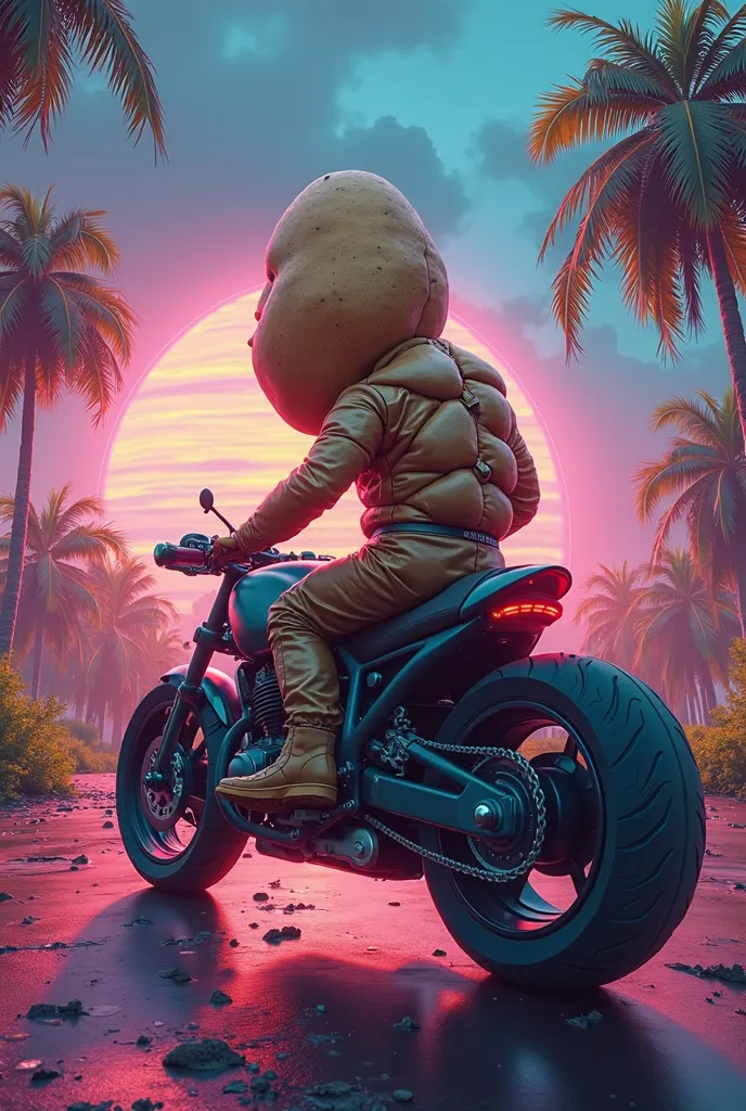 a potato with human body with a purple real potato head, synthwave background riding a motorcycle in the Philippines
