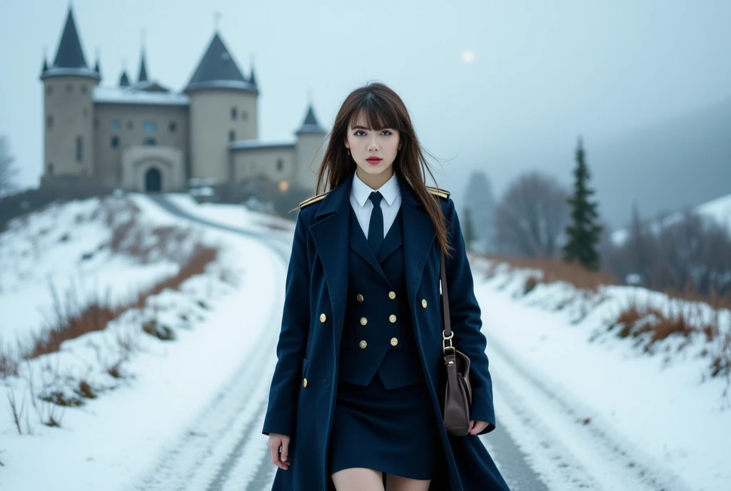 (((Sexy beautiful woman, a self defense officer uniform, wearing navy blue long coat, white shirts, navy blue tie, navy blue pencil mini skirt, epaulette, Black Thigh-high boots suede boots))), Highest quality, Europe, In the snow, A road to a castle, (((E...