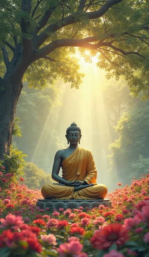 Create a vibrant and colorful image of Buddha sitting peacefully under a blooming tree, surrounded by radiant flowers and soft sunlight.