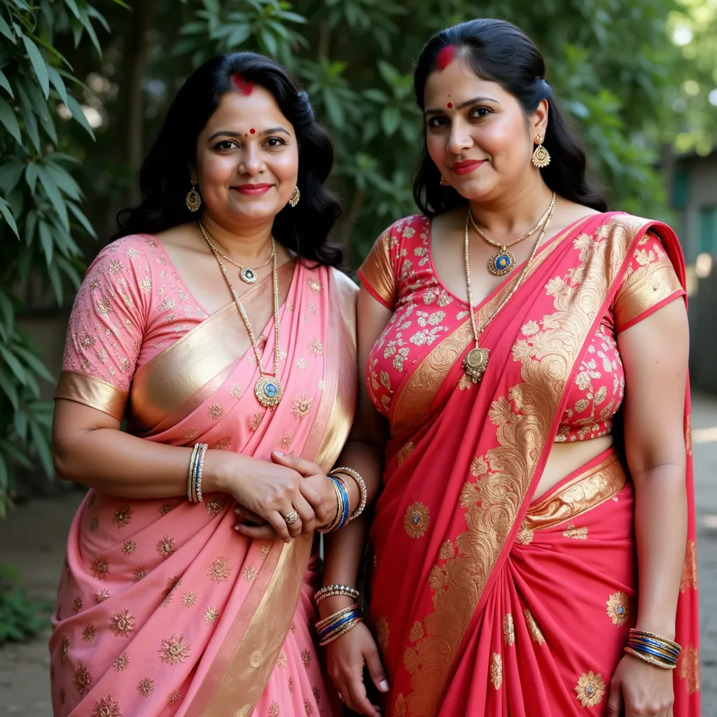 Two mature lady(most beautiful lady(real Indian desi face)(voluptuous) pretty face(gorgeous:1.5, cute:1.5) ) lady(beautiful breasts(very saggy:1.5), (voluptuous:0.7), (huge:1.5), (very extra large:1.5), (gigantic:1.5), (saggy:1.5)) wearing beautiful design...