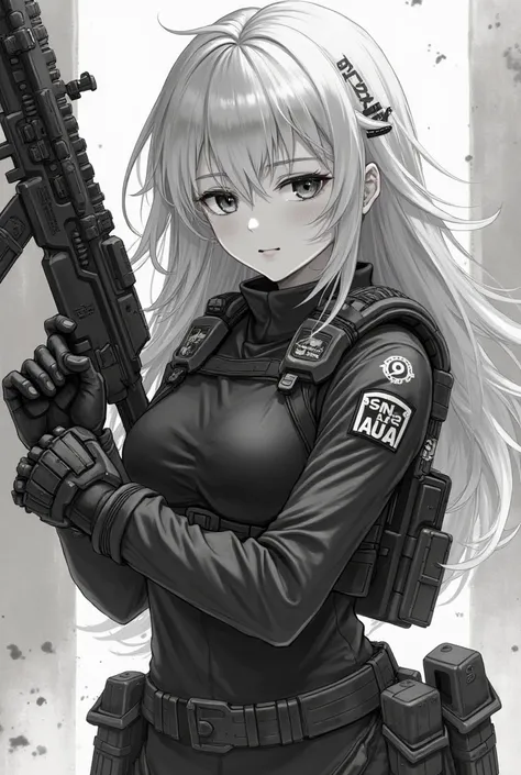 Cute Female ANIME tactical SWAT soldier girl monochrome with pale white skin and soft grey long hair and has black eyes with a LMG50