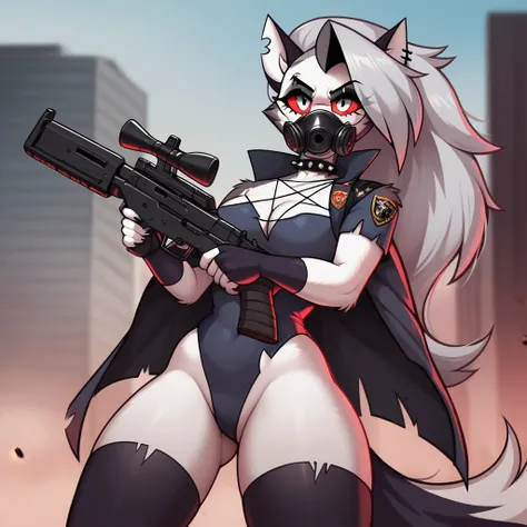 Loona \(Helluva Boss\), anthro, solo, big breasts, warrior, mask, gun, rifle, cyberpunk, leotard clothes, soldier, ruined city background