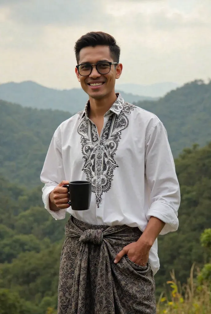 A handsome Indonesian Muslim man,wearing a white long-sleeved batik motif shirt,sarong bottoms ,wearing black coffee is standing on the edge of the hills smiling in the afternoon, looks real ,realistic,home patio background.