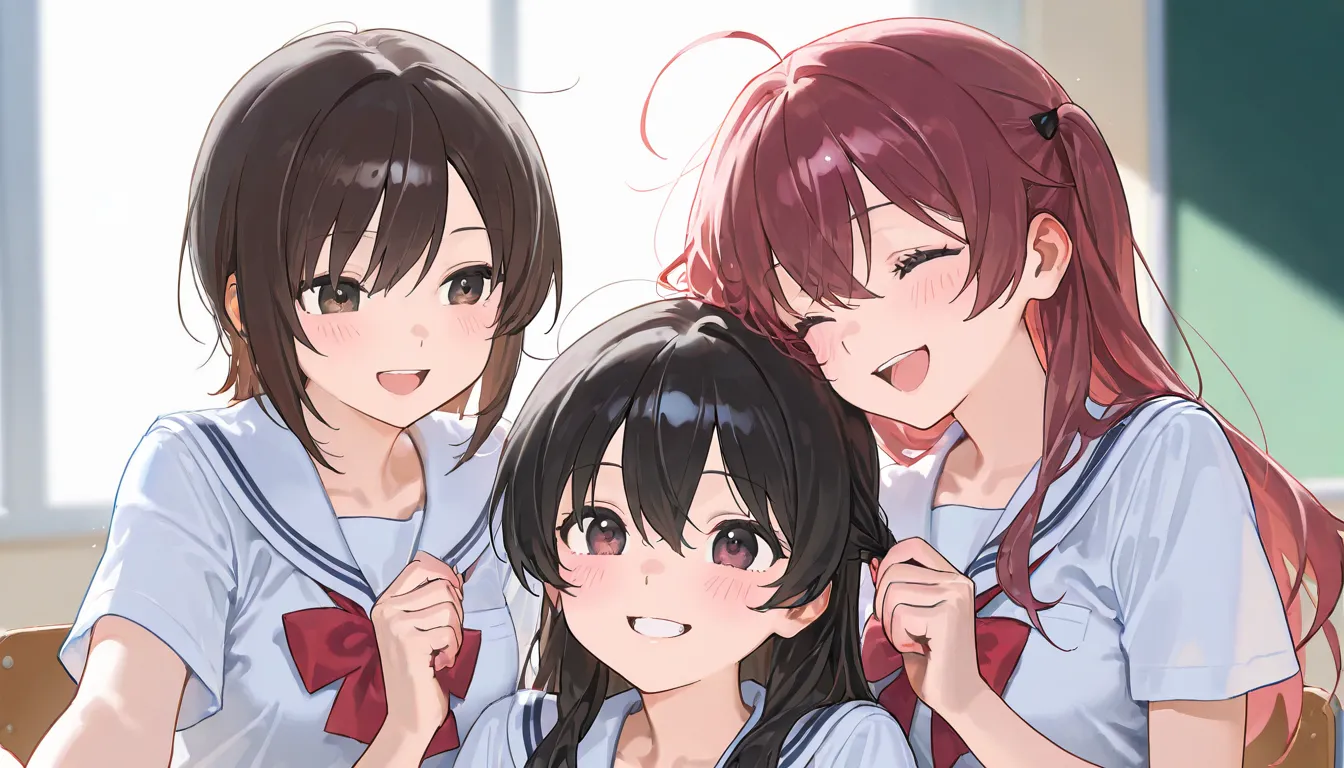 Three high school girls with different hairstyles, having fun and messing around, heartwarming,