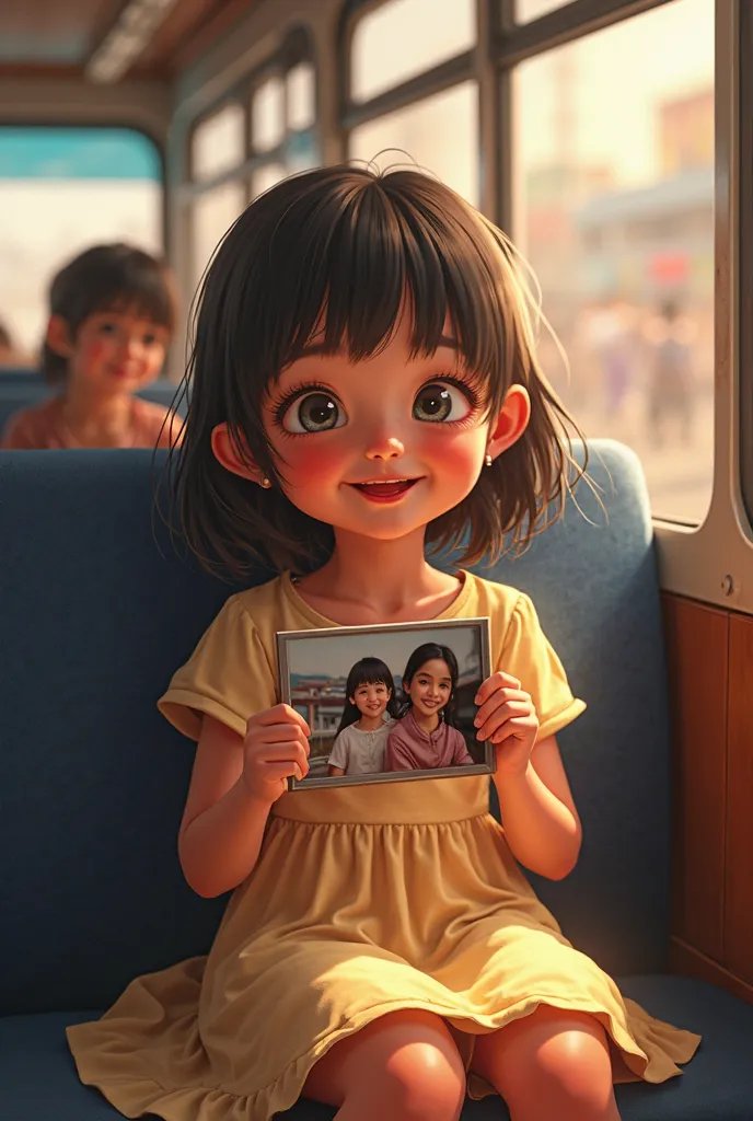 A girl in a dress that folds over her knees excitedly holds a family photo while sitting in a bus