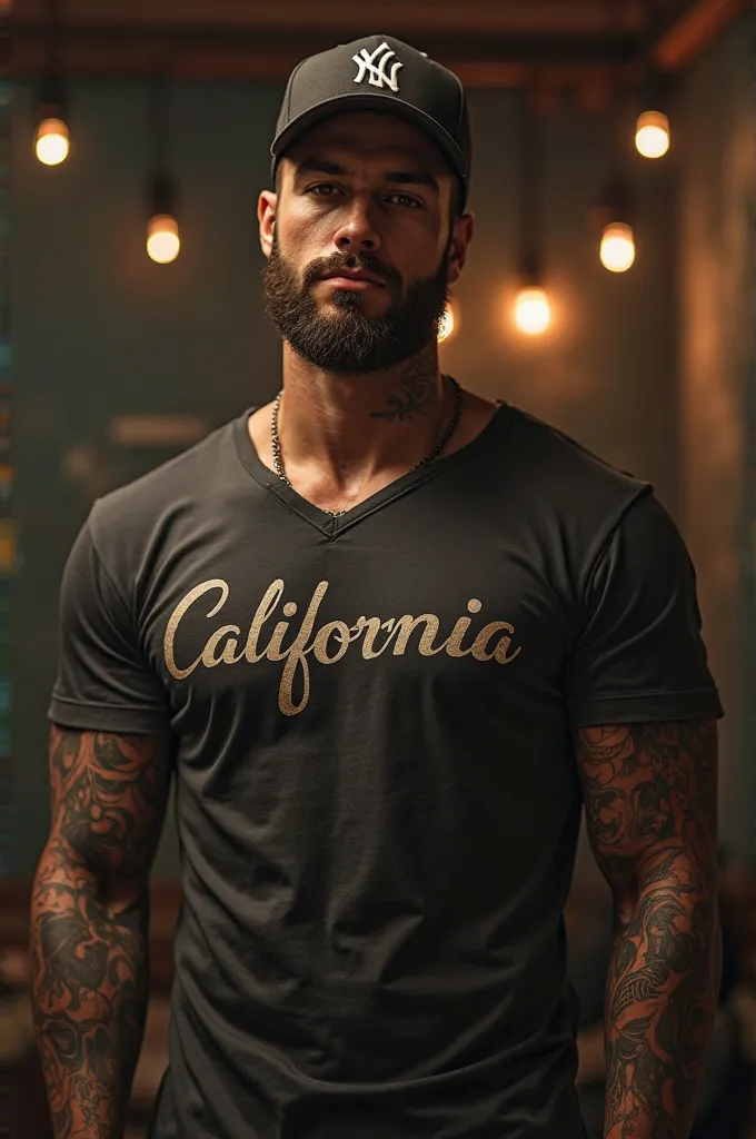 In the room you meet a sexy big fuckboy with a lot of sex appeal. He has tattoos and wears cap and a t-shirt with the words "California" 